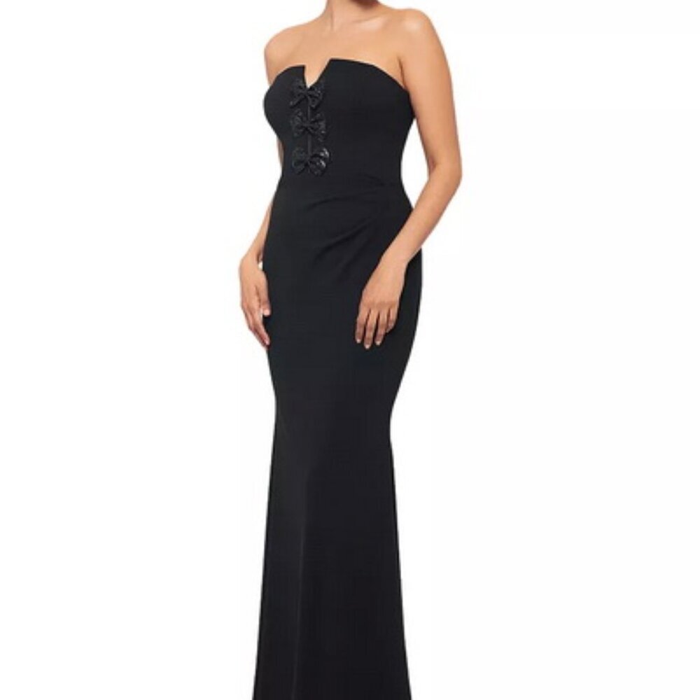 Betsy & Adam Black Crystal Bowtie Strapless Trumpet Gown